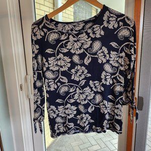Navy Floral Print Blouse with 3/4 Length Sleeves